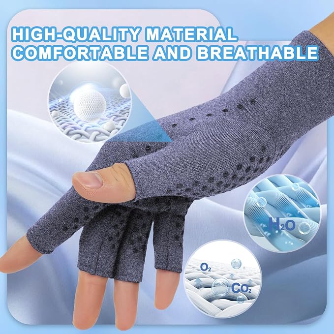 DRNAIETY 2-Pair Arthritis Compression Gloves- for Hand Arthritis, Carpal Tunnel Pain, Rheumatoid Arthritis, RSI, Fingerless, Anti-Slip, Breathable Gloves for Men & Women, Typing, Daily Use(XL Blue)