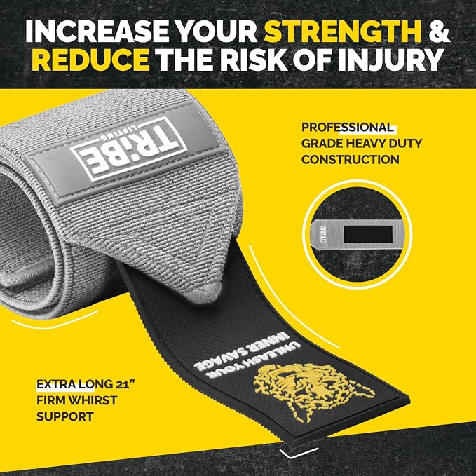 21-Inch Wrist Wraps and 24-Inch Lifting Straps Set for Weightlifting | Heavy-duty wrist support wraps, anti-slip silicone grip straps with padded loops, reinforced stitching for heavy lifts