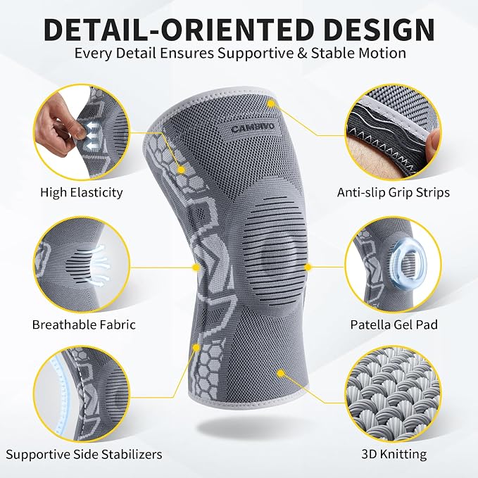 CAMBIVO Knee Brace for Men & Women, 2-Pack Compression Sleeve with Gel Pad | Patella Gel Pad with Side Stabilizers for Knee Pain Relief. Ideal for Running, Weightlifting & Arthritis, Workout, Daily Use