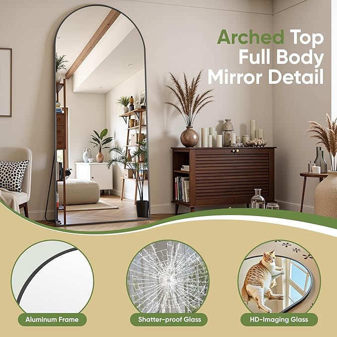 Full Length Mirror, 59"x19" Arched Full Body Mirror, Floor Mirrors with Stand, Body Mirrors Standing Hanging Leaning Against Wall,Aluminum Frame Mirrors for Bedroom Cloakroom,Living Room,Black