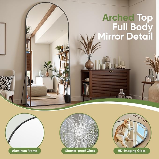 Full Length Mirror, 71"x28" Arched Full Body Mirror, Floor Mirrors with Stand, Body Mirrors Standing Hanging Leaning Against Wall,Aluminum Frame Mirrors for Bedroom Cloakroom,Living Room,Black