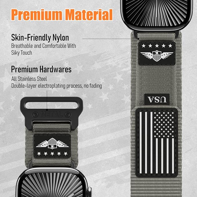 Rugged Nylon for Apple Watch Ultra 2/ Ultra 3 Band Series 11/10/9/8/7/6/5/4/3/SE iWatch Bands Men,Soft Woven Stars-Stripes Flag Wristbands Strap for Apple Watch Ultra 3/2/1 49mm 46mm 45mm 44mm 42mm
