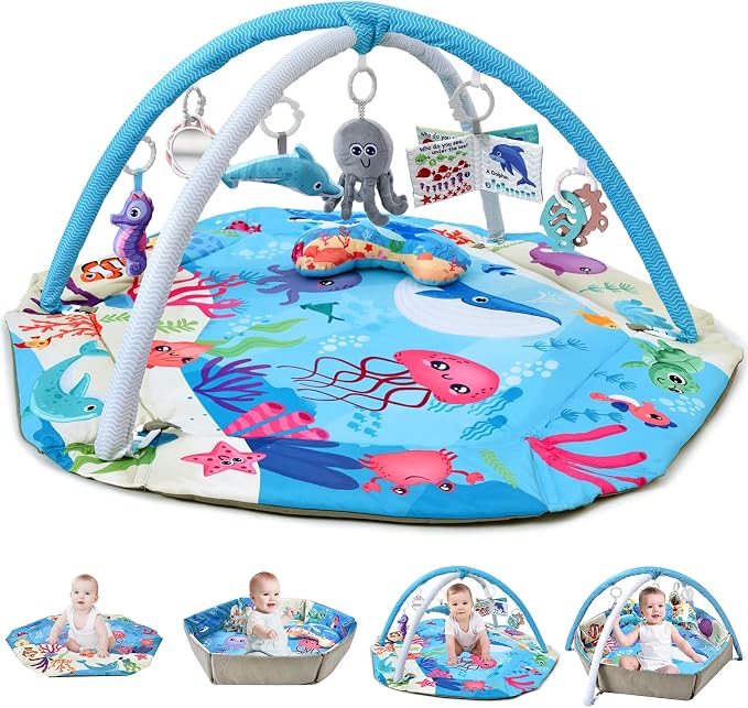 Baby Gym Play Mat, 8-in-1 Tummy Time Mat with Detachable Sensory Toys | Washable Activity Gym, Foldable Ball Pit for Floor Play, for Infant & Newborn 0-6-12 Months, High Contrast Black White