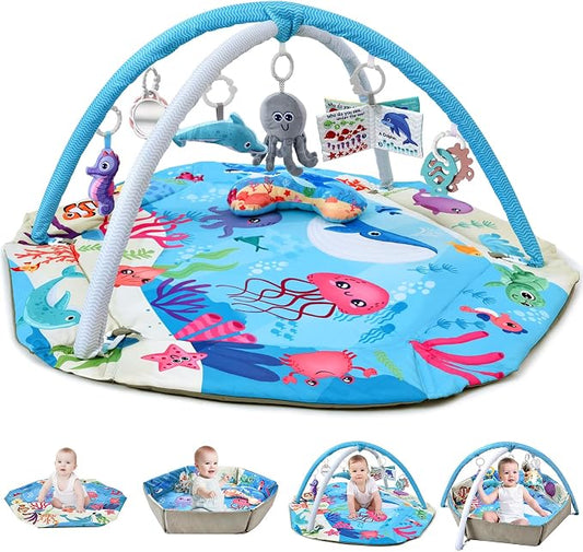 Baby Gym Play Mat, 8-in-1 Tummy Time Mat with Detachable Sensory Toys | Washable Activity Gym, Foldable Ball Pit for Floor Play, for Infant & Newborn 0-6-12 Months, High Contrast Black White