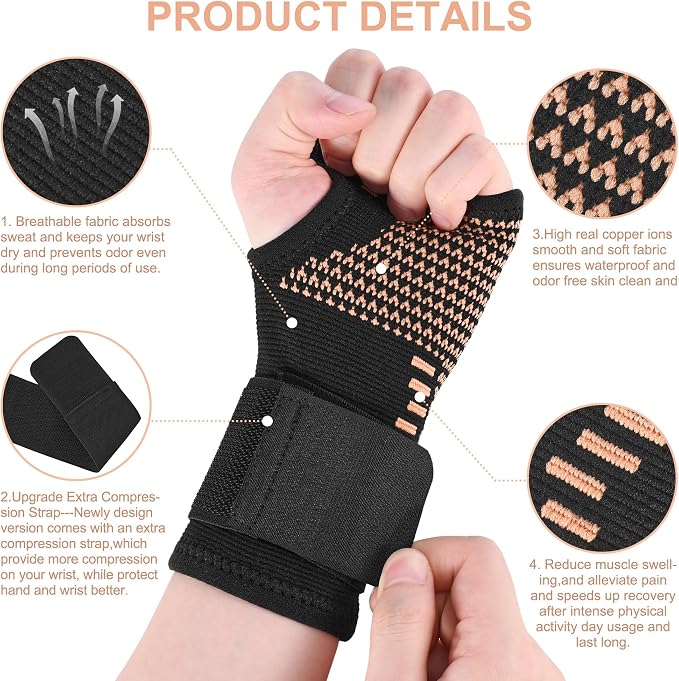 Copper Wrist Compression Sleeves, Comfortable and Breathable for Arthritis, Tendonitis, Sprains, Workout, Carpal Tunnel, Wrist Support for Women and Men