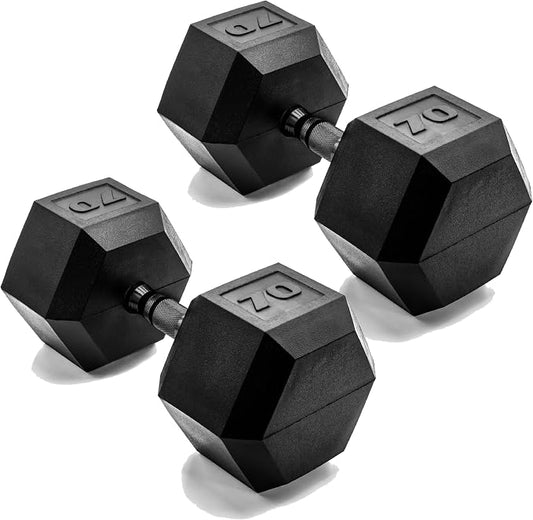 CAP Rubber Coated Dumbbell Weights, Free Weights for Home Gym Strength Training, Anti-Roll Hex Dumbbells with Black, Chrome & Comfort Grip Handles, Pairs & Sets