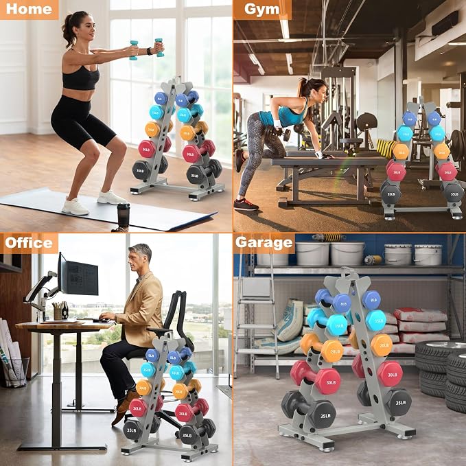 TomCare 6-Tier|5-Tier|4-Tier|2-Tier Dumbbell Rack Stand Only for Home Gym | Stable A-Frame, Fits 5–35 lb Dumbbells, Protective Padded Cradles, Adjustable Feet, Easy-Carry Handle (Stand Only)