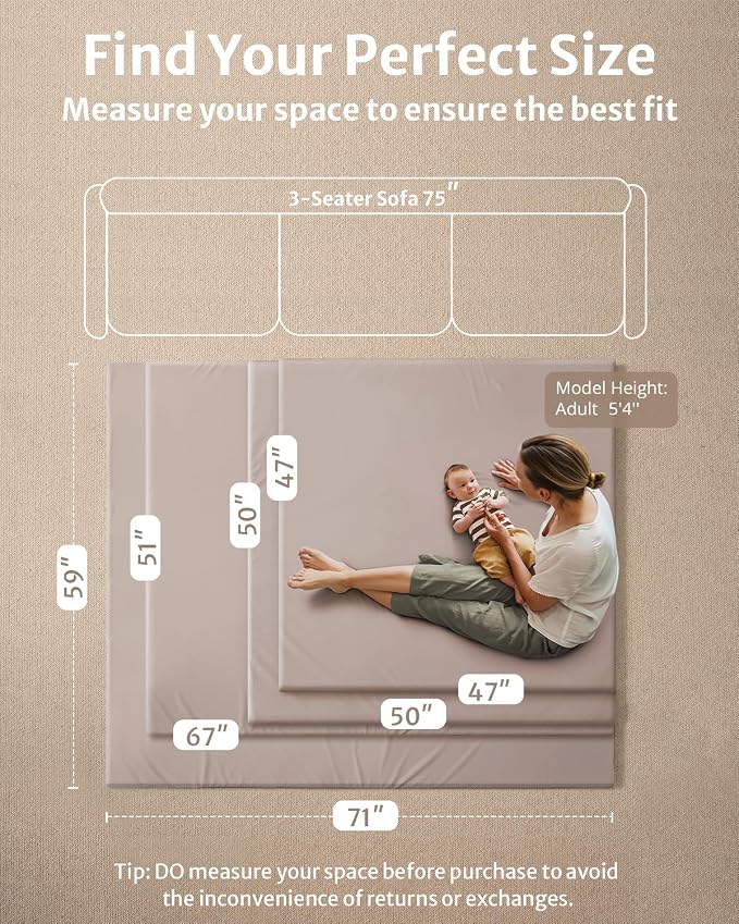 Blissful Diary Vegan Leather Baby Play Mat, 47''x47'', Taupe | thick cushion, safe and soft fabric, waterproof and wip clean, indoor use, non-slip bottom, stylish mordern decor