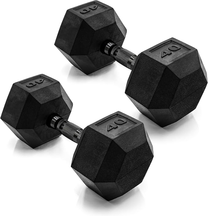CAP Rubber Coated Dumbbell Weights, Free Weights for Home Gym Strength Training, Anti-Roll Hex Dumbbells with Black, Chrome & Comfort Grip Handles, Pairs & Sets