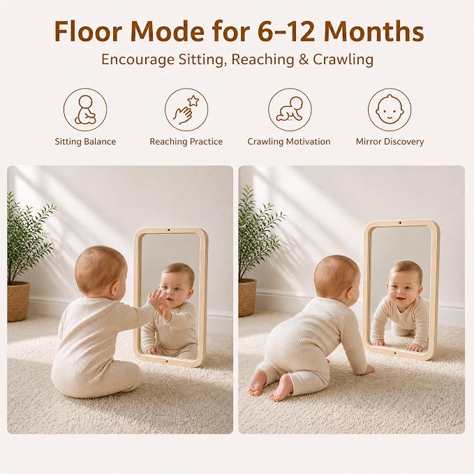 Woodtoe Montessori Mirror with Bar, Tummy Time Floor Mirror Toys for Baby | Baby Pull to Stand Toys, Natural Unpainted Solid Wood Frame, Baby Pull Up Bar, Developmental Toys for Nursery (Small Size)