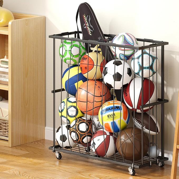Large Capacity Garage Ball Storage- [Hold 16-20 Balls]: Rolling Sports Equipment Organizer Cart with Elastic Rope, Ball Rack with Wheels for Basketball, Soccer, Football, Indoor/Outdoor, Black