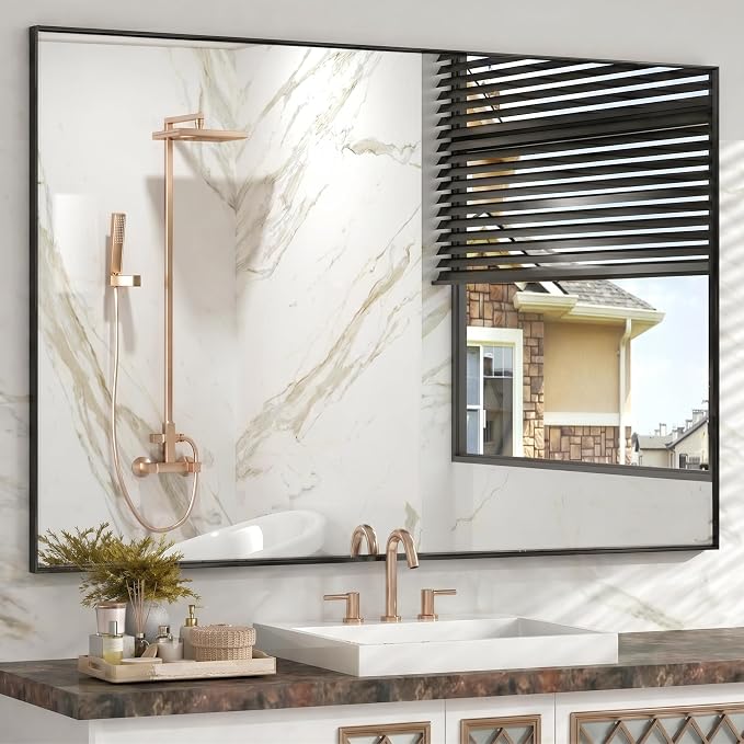 30" x 40" Matte Black Wall Mirror, 40" x 30" Metal Framed Rectangular Decor, Vertical/Horizontal Accent Mirror for Fireplace & Bathroom Vanity