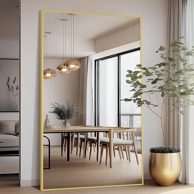 MirrMuse Oversized Standing Mirror Full Length, 76"X44" Extra with Stand | Hanging or Leaning, Gold Aluminum Alloy Frame, Large Full Body, for Gym Bedroom Living Room Clothing Store, Tempered Glass