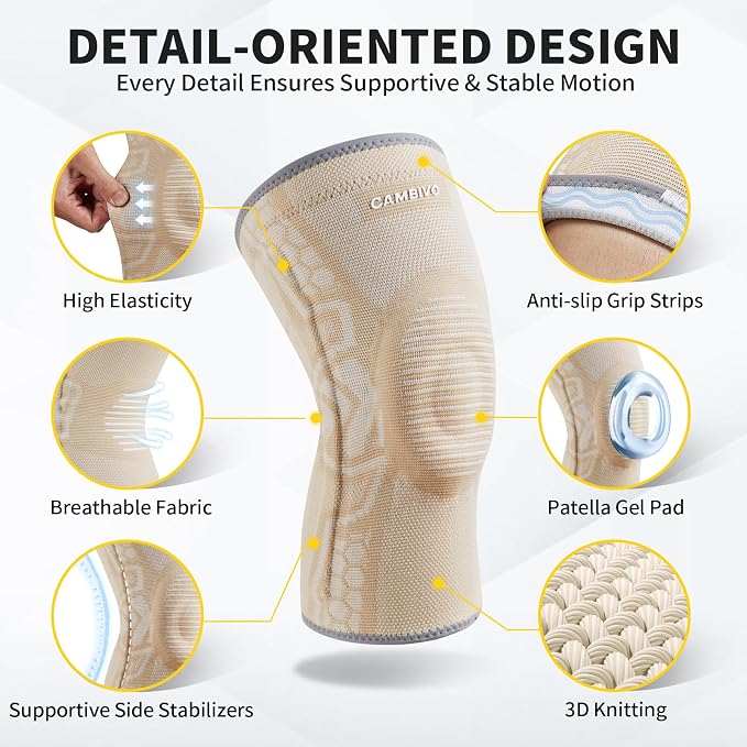 CAMBIVO Knee Brace for Men & Women, 2-Pack Compression Sleeve with Gel Pad | Patella Gel Pad with Side Stabilizers for Knee Pain Relief. Ideal for Running, Weightlifting & Arthritis, Workout, Daily Use