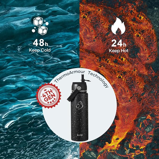 BUZIO 24 oz Insulated Water Bottle, Stainless Steel Wide Mouth Water Flask with Straw Lid, Cold for 48 Hrs Leak Proof Metal Hydro Thermo Canteen Mug, Starry Day & Night