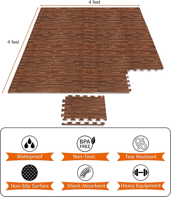 Sorbus Wood Grain Floor Mats Foam Interlocking Mats Each Tile 1 Square Foot 3/8-Inch Thick Flooring Wood Mat Tiles - Home Office Playroom Basement Trade Show (16 Tiles,16 Sq ft, Brown)