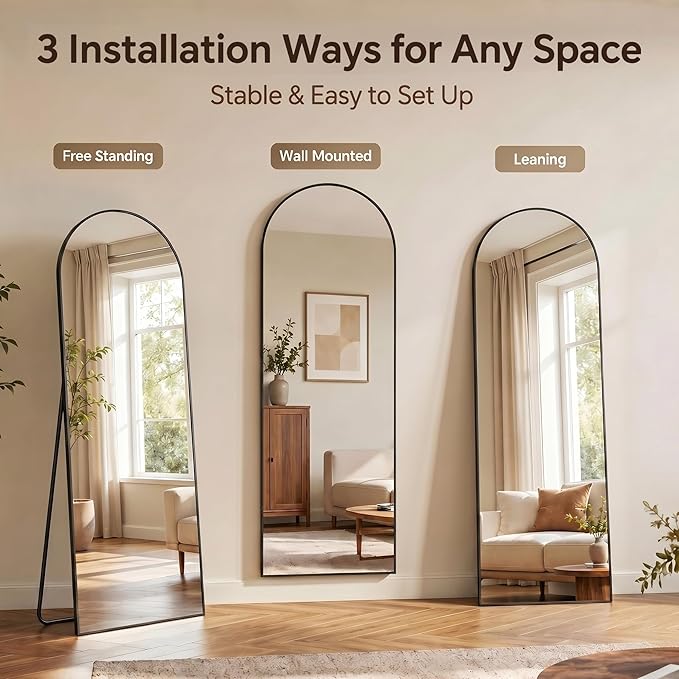 Antok Full Length Mirror, 44"x88" Floor Mirror with Stand, Hanging Mounted Mirrors for Bedroom, Living Room, Cloakroom, Dining Room, Black, Arched