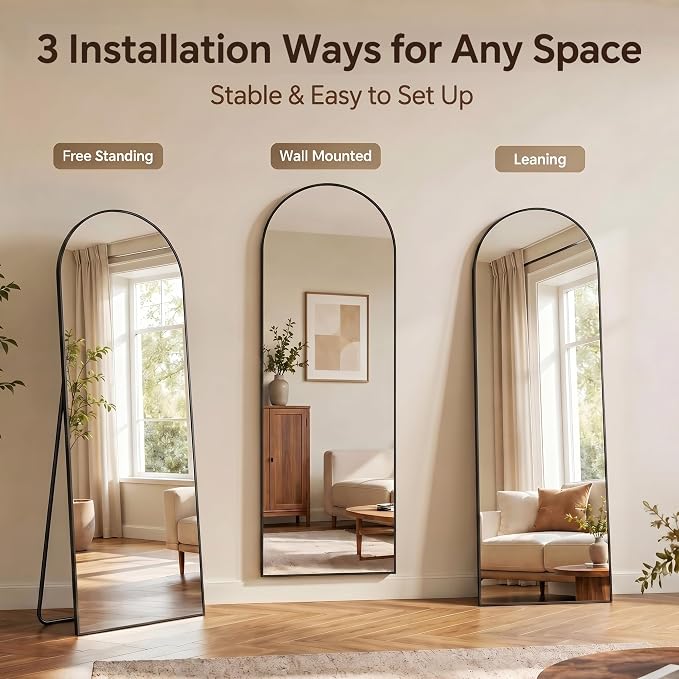 Antok Full Length Mirror, 44"x82" Floor Mirror with Stand, Hanging Mounted Mirrors for Bedroom, Living Room, Cloakroom, Dining Rooms, Black, Arched