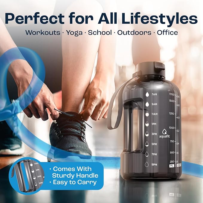 AQUAFIT Half Gallon Water Bottle with Time Marker | BPA Free Half Gallon Water Bottle with Straw and Chug Lids - Leakproof Gym Water Bottle with Carry Handle (Gun Gray)