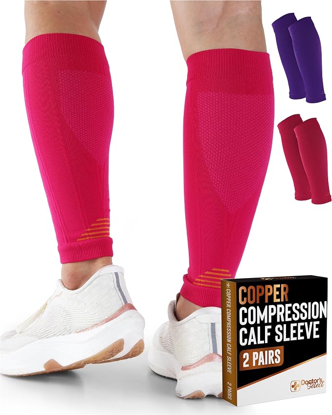 Doctor's Select 2 Pairs Copper Calf Compression Sleeve - Leg Compression Sleeves for Women & Men, Shin Splint Relief