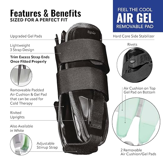 AnklePro Air Cushion Stirrup Ankle Stabilizer Brace - Removable Cold Therapy 3-Strap Rigid Stirrup Ankle Splint w/Gel Pad for Women & Men - Lateral Support for Stability, Black, Regular