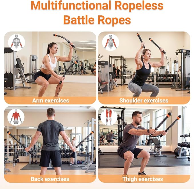 Adjustable Ropeless Battle Ropes for Home Gym-Cordless Training Rope Fitness Equipment for Men & Women,Portable Arm Exerciser Rope for Strength Building, HIIT and Low-Impact Aerobic Training (Black)