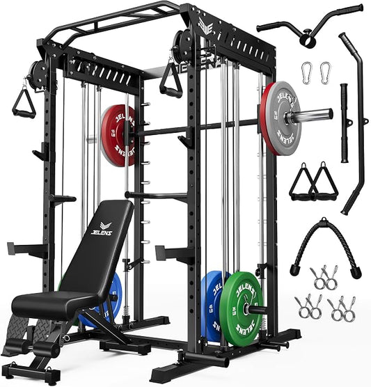 JELENS M21 Smith Machine, Multi-Function Power Cage with Dual Pulley Cable Crossover System, 2000LBS All-in-One Squat Rack with Smith Bar and Attachments for Home Gym