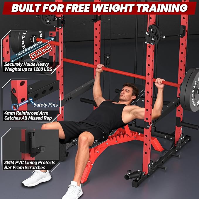 RitKeep Power Rack M10 with Pulley System & LAT Pull Down for Home Gym | Multi-Function Squat Rack with 1500LB Capacity, Pull-Up Bar & J-Hooks plus 11 Attachments for Strength Training
