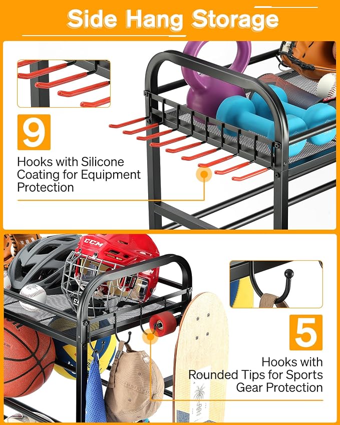 EXTCCT Garage Sports Equipment Organizer - Rolling Ball Storage Bin with Wheels, Garage Sports Gear Rack Outdoor Basketball Racks for Balls with Baseball Bat Holder and Hooks, Toy Organizer