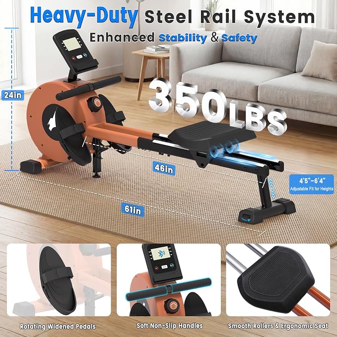 Rowing Machines Foldable for Home, Magnetic Rowing Machine with 16-Level Quiet & Smooth Resistance, Dual Slide Rail, LCD Monitor & APP Supported Fitness Rowing Machine, Max 350lbs Weight Capacity