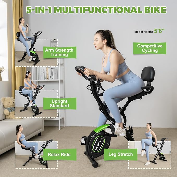 Caromix Folding Exercise Bike, 5 in 1 Stationary Bike with 16-Level Adjustable Magnetic Resistance, 330LB Capacity Indoor Workout Bike, Foldable Exercise Bike for Seniors and Adult