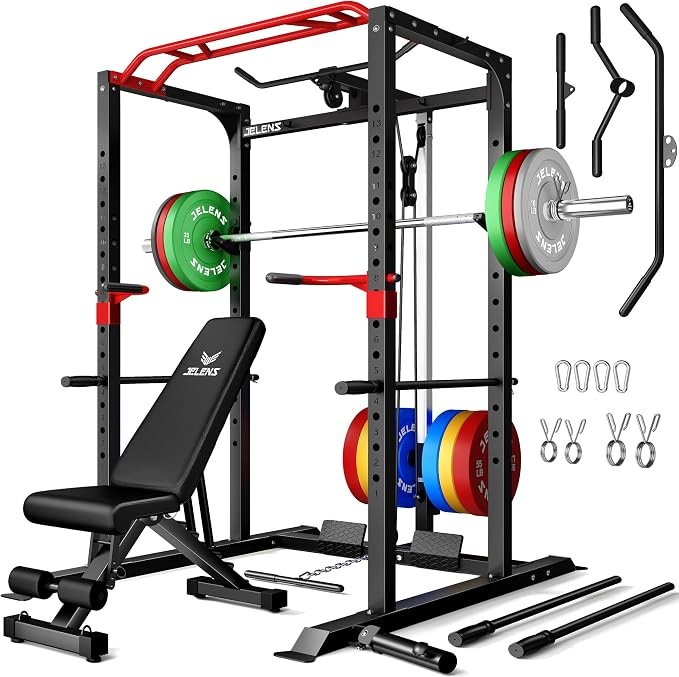 JELENS S11 Power Cage, 2000LB Multi-Function Power Rack with LAT Pulldown, Squat Rack with Adjustable Pulley System and Training Attachments, Weight Rack for Home Gym