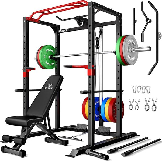 JELENS S11 Power Cage, 2000LB Multi-Function Power Rack with LAT Pulldown, Squat Rack with Adjustable Pulley System and Training Attachments, Weight Rack for Home Gym