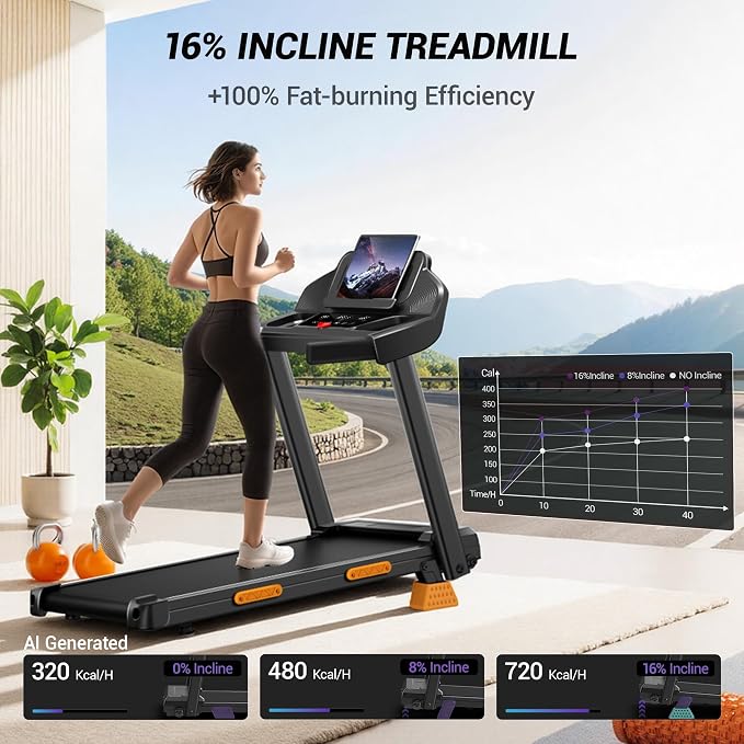 CURSOR FITNESS 16% Incline Treadmills for Home Small with 3 LED Displays, 3.0HP Foldable Walking Pad Treadmill Up to 400LBS Capacity, Portable Treadmill 0.6-7.0MPH
