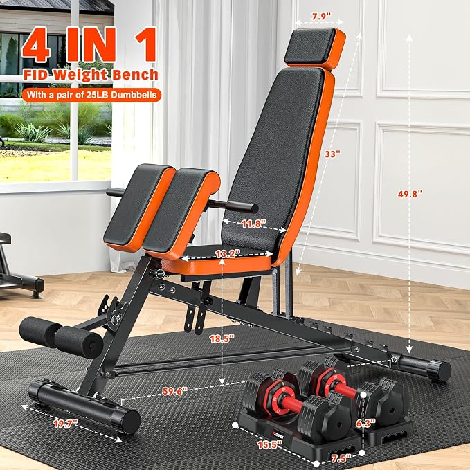 XDDIAS Roman Chair, Adjustable Weight Bench Back Extension Machine for Home Gym, 1000LBS All-in-One Sit Up Bench with Dumbbell Rack, Incline, Decline, and Flat Bench for Hyperextension, Core, Glute