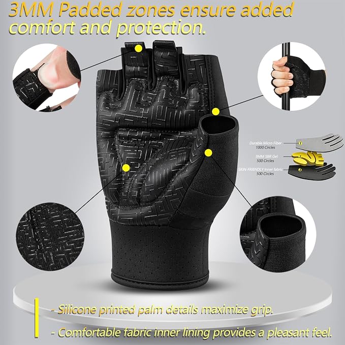 Workout Gloves Padded Weight Lifting Gloves for Men/Women, [3MM Gel] Fingerless Grip Gym Gloves Fitness Gloves for Exercise,Hanging,Weightlifting, Cycling, Pull ups, Rowing