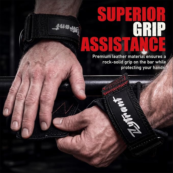 Weight Lifting Grips with D-Ring, Leather Palm and Wrist Support | Grip support for pulling workouts, less palm strain, D-ring cable options, padded wrist support