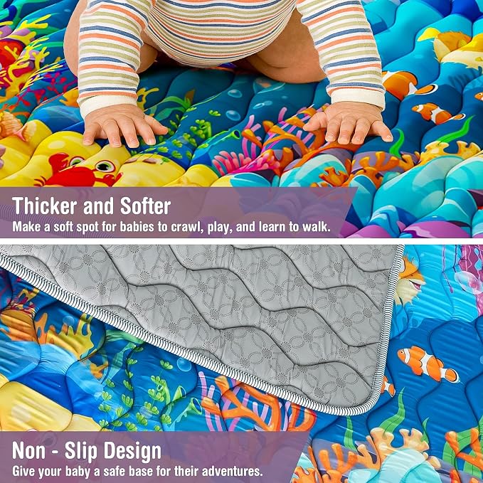 Baby Play Mat, 50x50 Thickened Playpen Mat, Waterproof & Non-Slip, Foldable Play Mat for Floor, Machine Washable Crawling Mats for Infants & Toddlers, Floor Activity and Playing & Learning, Sea World