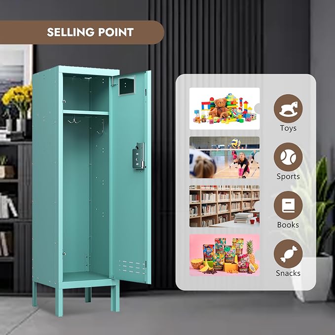 BUTISOW Metal Storage Locker with Lock & Card Slot Locker - Secure Lockable Door - Steel Locker for School, Office, Gym, Home - 54" H x 15" W x 15" D（1 Door, Teal）