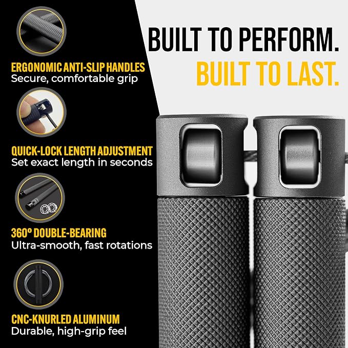 GODROP Jump Rope - Adjustable Speed Jump Rope - 2x Steel Coated Ropes, Carrying Case - Aluminum Anti Slip Handles with Double Ball Bearings for Double Unders, CrossFit, Boxing & Home Workout for Men & Women