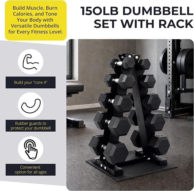 HulkFit 160-550LB Rubber Hex Dumbbell Set with Storage Rack, Solid Cast Iron Dumbbells for Full Body, Anti-Slip Grip, Weights Dumbbells Set for Home Gym Training