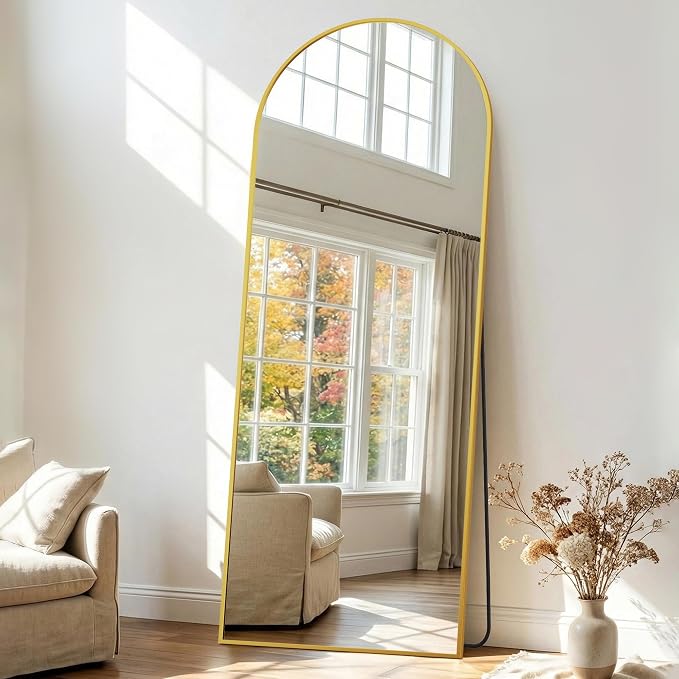 58"x18" Arched Full Length Mirror with Stand, Free Standing Leaning Wall Mounted Aluminum Alloy Frame Mirror for Bedroom Living Room Cloakroom, Gold