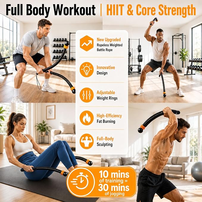 Portable Cordless Battle Ropes – Home Gym Workout Equipment for Intensive Training & Core Strength, Ideal for Home, Office, Travel and Small Spaces(Black)