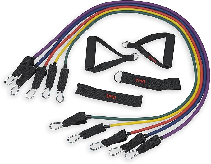 SPRI Resistance Band Kit - Resistance Training Interchangeable Tubes for Full Body Toning - Includes 5 Exercise Bands, Ankle/Wrist Strap with Padded Handles, Door Anchor, Exercise Guide, Carry Bag