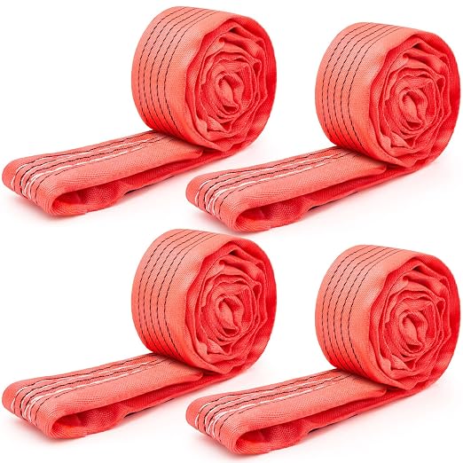 Fabbay 4 Pcs 4 Feet Heavy Duty Polyester Endless Loop Round Lift Slings Lifting Straps for Hoist Towing Moving Furniture Rigging Equipment, 13200 LB Vertical, 10600 LB Choker, 26400 LBs Basket(Red)
