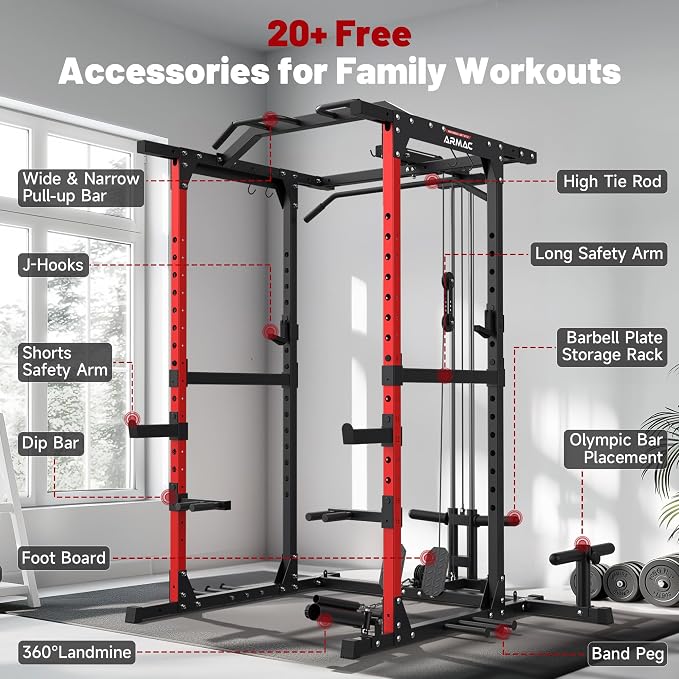 ARMAC Power Cage,1500lbs Multi-Function Power Rack with Adjustable Cable Crossover System and More Training Attachment, Weight Cage for Home Gym