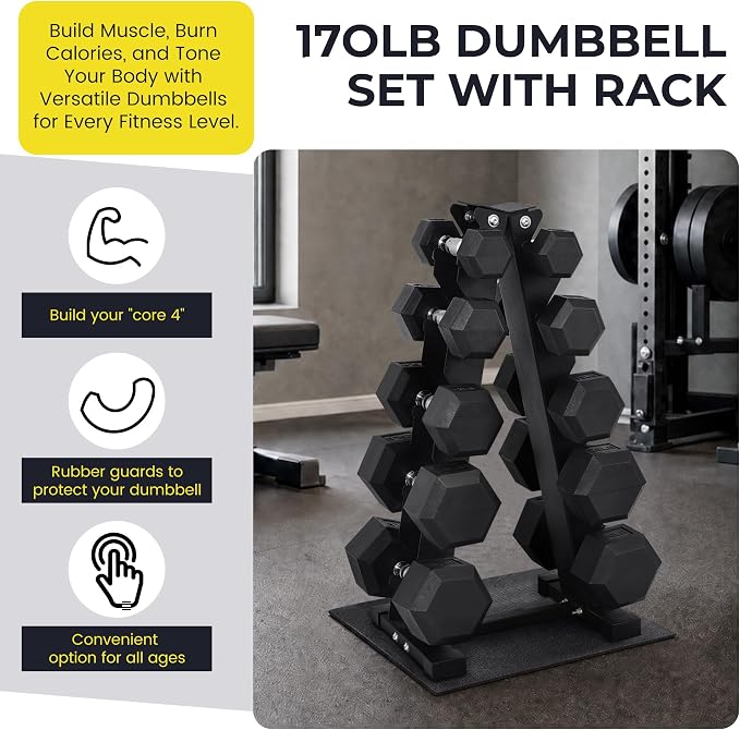 HulkFit 160-550LB Rubber Hex Dumbbell Set with Storage Rack, Solid Cast Iron Dumbbells for Full Body, Anti-Slip Grip, Weights Dumbbells Set for Home Gym Training