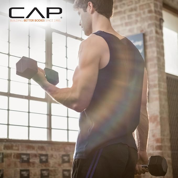 CAP Rubber Coated Dumbbell Weights, Free Weights for Home Gym Strength Training, Anti-Roll Hex Dumbbells with Black, Chrome & Comfort Grip Handles, Singles