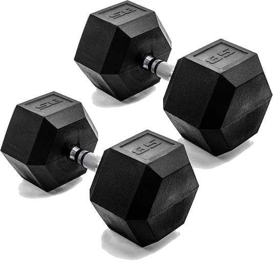 CAP Rubber Coated Dumbbell Weights, Free Weights for Home Gym Strength Training, Anti-Roll Hex Dumbbells with Black, Chrome & Comfort Grip Handles, Pairs & Sets
