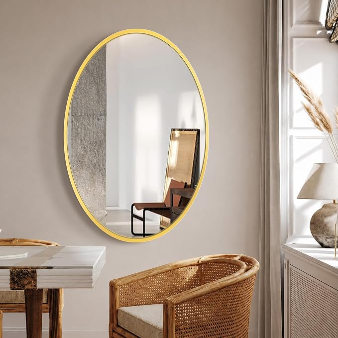 Oval Bathroom Vanity Mirror for Wall, 38''x26'' Gold Oval Bathroom Mirror for Over Sink, Bedroom, Living Room, Entryway, HD Tempered Glass, Wall Mounted Horizontally or Vertically
